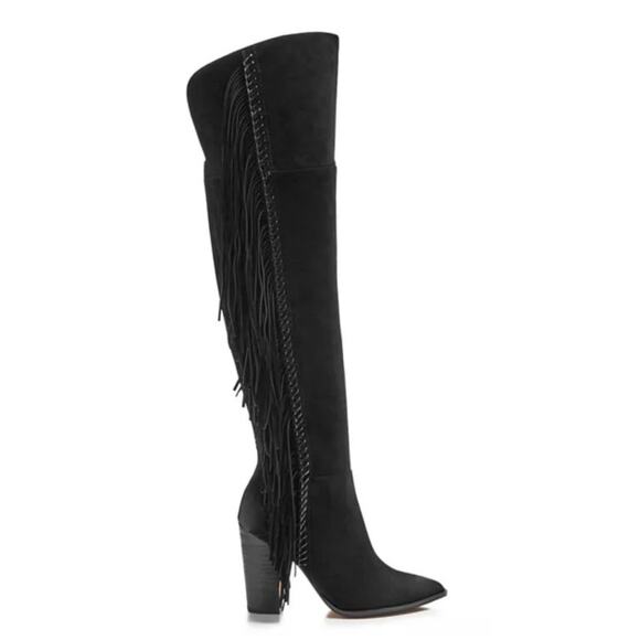 Dolce Vita Black Izie Fringe Pointed Toe High Shaft High-heel Suede Boots, 8 - Picture 2 of 12
